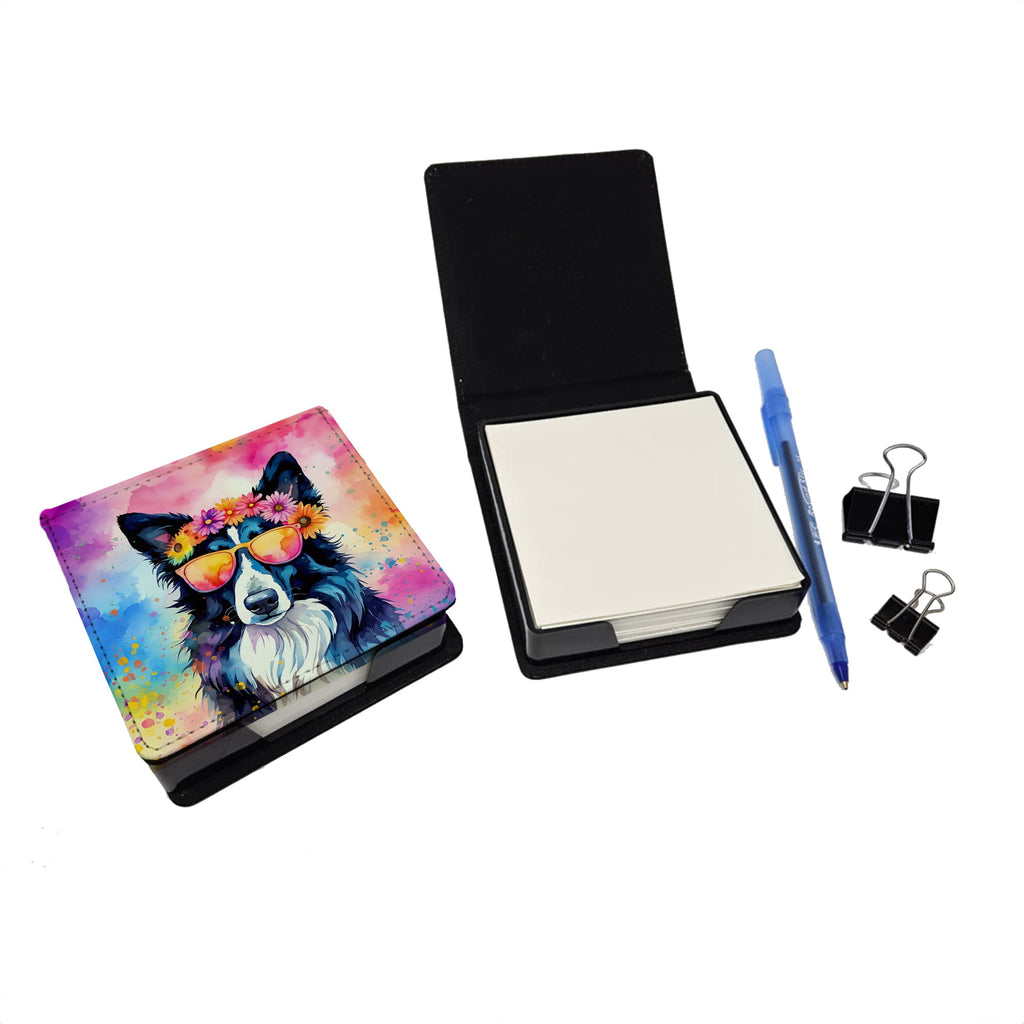 Border Collie Hippie Dawg PU Leather Note Paper Holder with Artist-Designed Cover, Desk Accessory, Office Gift