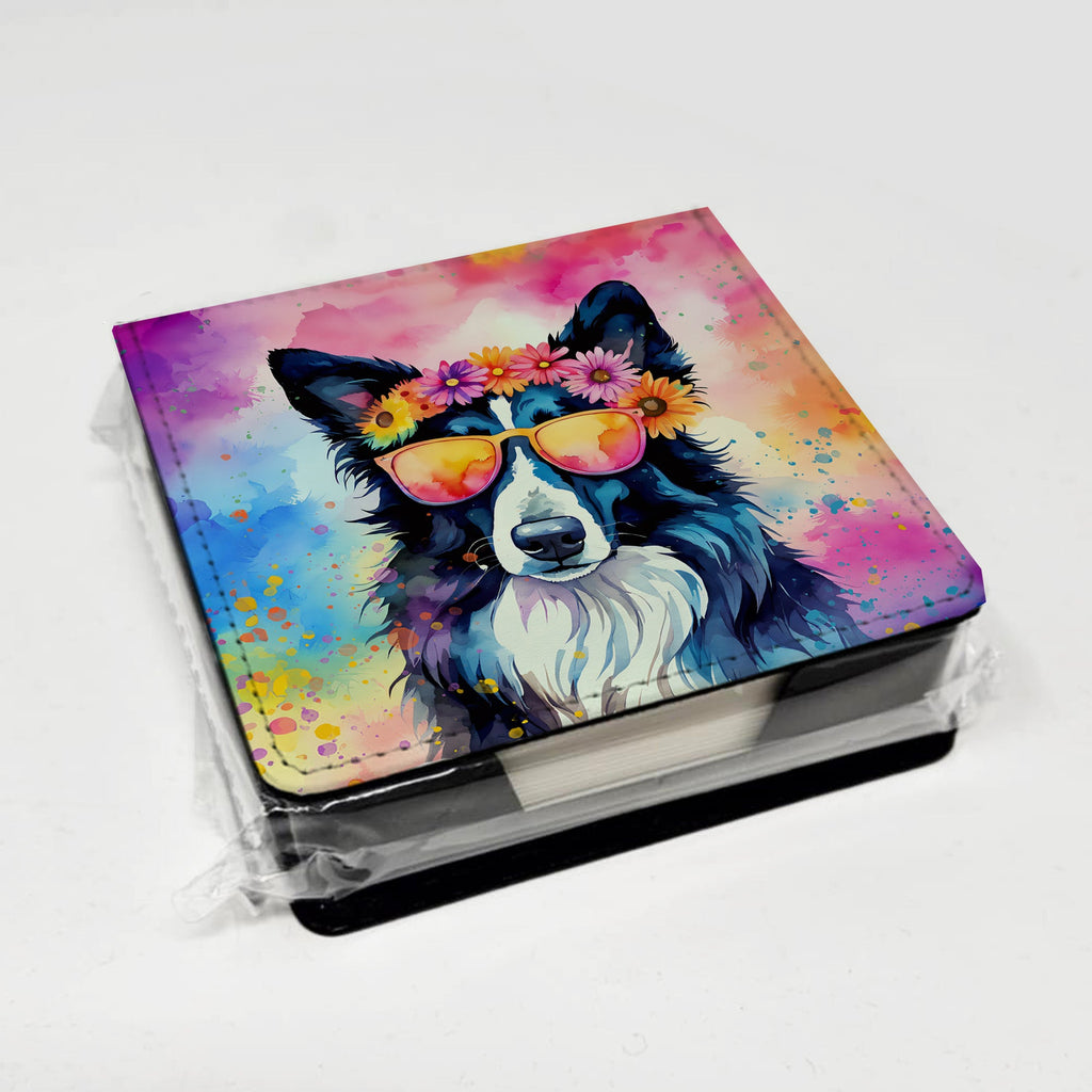 Border Collie Hippie Dawg PU Leather Note Paper Holder with Artist-Designed Cover, Desk Accessory, Office Gift