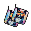 Border Collie Hippie Dawg Pot Holder Set of 2 Heat Resistant Quilted Hot Pads 7.5 x 7.5 Inch, Insulated Kitchen Trivets for Cooking & Baking