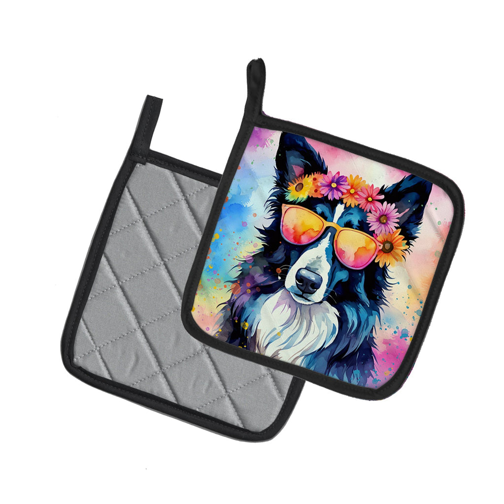 Border Collie Hippie Dawg Pot Holder Set of 2 Heat Resistant Quilted Hot Pads 7.5 x 7.5 Inch, Insulated Kitchen Trivets for Cooking & Baking