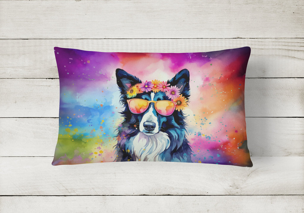 Border Collie Hippie Dawg Decorative Throw Pillow 12x16 Indoor Outdoor Accent Cushion, Fabric Cover with Insert for Sofa, Bed, Porch & Living Room