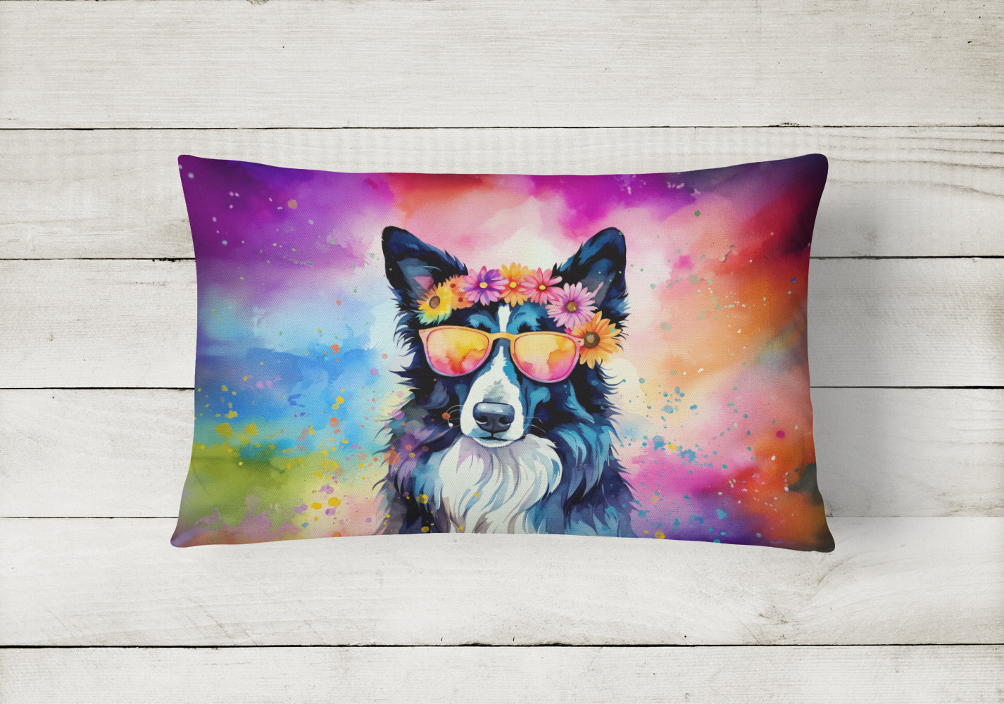 Border Collie Hippie Dawg Decorative Throw Pillow 12x16 Indoor Outdoor Accent Cushion, Fabric Cover with Insert for Sofa, Bed, Porch & Living Room