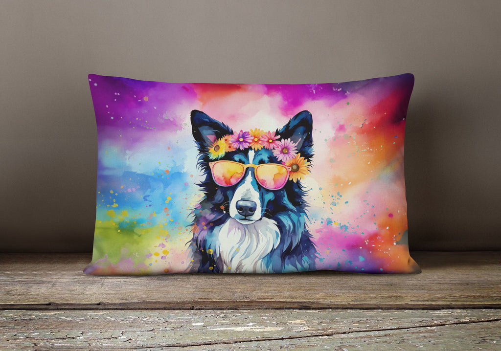 Border Collie Hippie Dawg Decorative Throw Pillow 12x16 Indoor Outdoor Accent Cushion, Fabric Cover with Insert for Sofa, Bed, Porch & Living Room