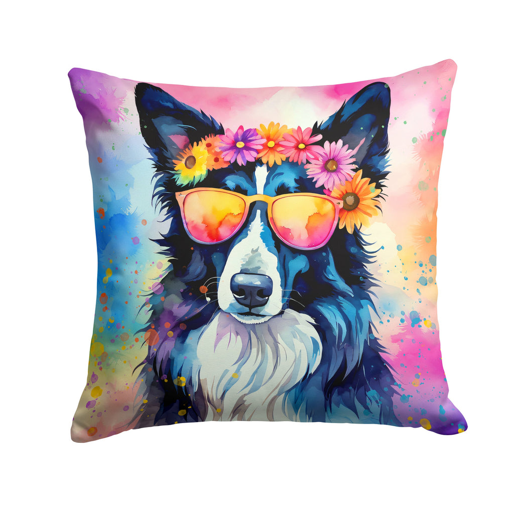 Border Collie Hippie Dawg Decorative Throw Pillow 14x14 Indoor Outdoor Accent Cushion, Fabric Cover with Insert for Sofa, Bed, Porch & Living Room