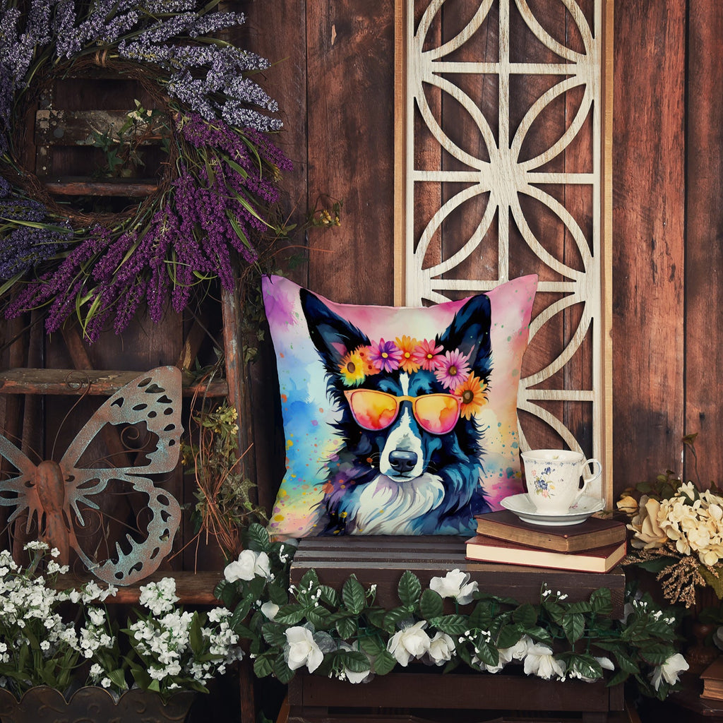 Border Collie Hippie Dawg Decorative Throw Pillow 14x14 Indoor Outdoor Accent Cushion, Fabric Cover with Insert for Sofa, Bed, Porch & Living Room