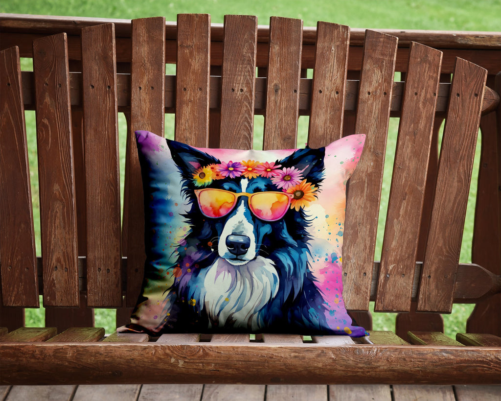 Border Collie Hippie Dawg Decorative Throw Pillow 14x14 Indoor Outdoor Accent Cushion, Fabric Cover with Insert for Sofa, Bed, Porch & Living Room