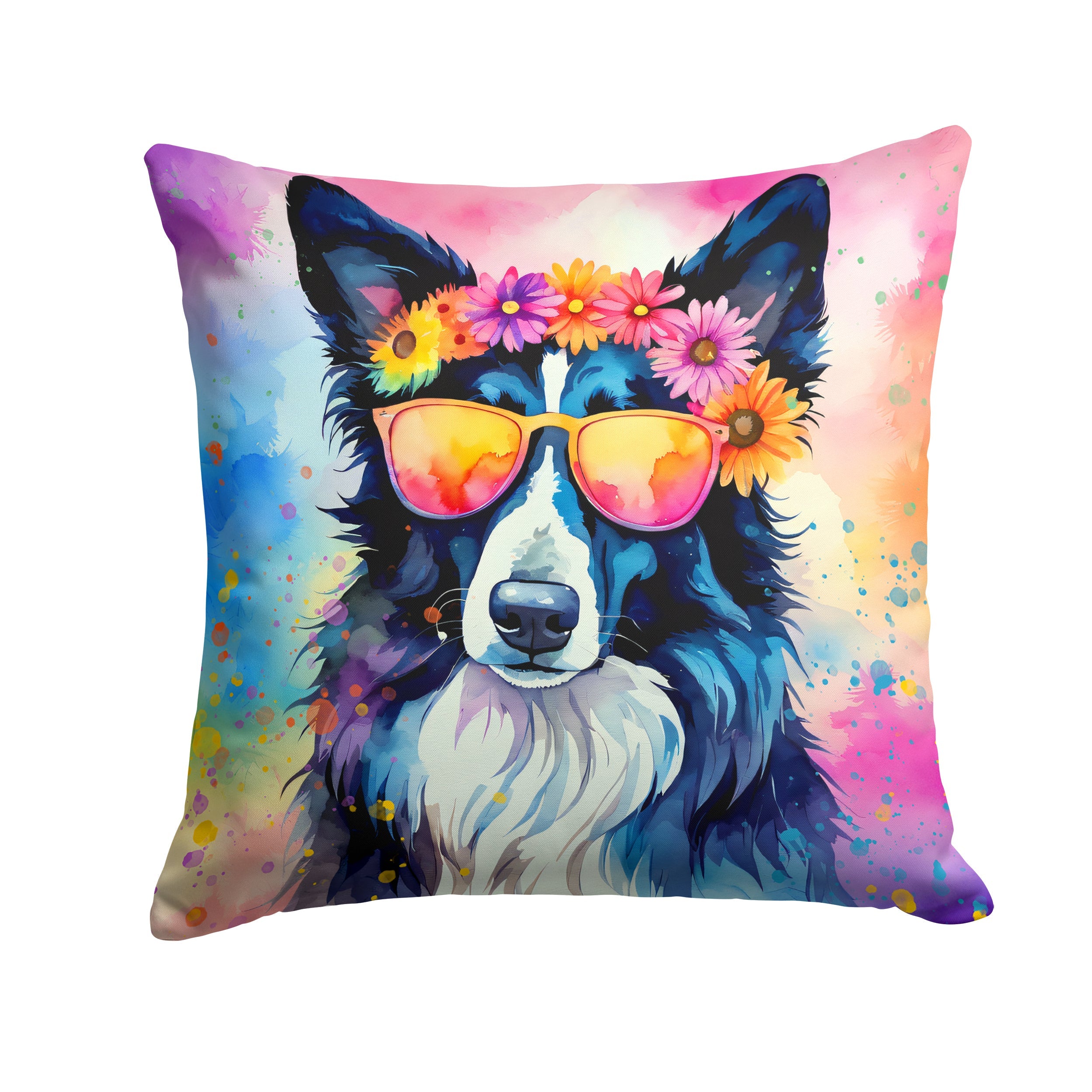 Border Collie Hippie Dawg Decorative Throw Pillow 18x18 Indoor Outdoor Accent Cushion, Fabric Cover with Insert for Sofa, Bed, Porch & Living Room