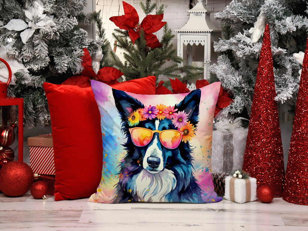 Border Collie Hippie Dawg Decorative Throw Pillow 18x18 Indoor Outdoor Accent Cushion, Fabric Cover with Insert for Sofa, Bed, Porch & Living Room