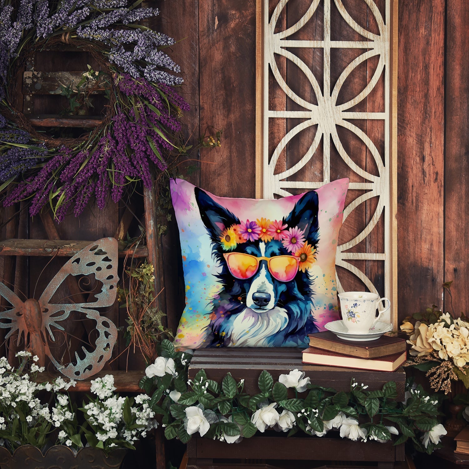 Border Collie Hippie Dawg Decorative Throw Pillow 18x18 Indoor Outdoor Accent Cushion, Fabric Cover with Insert for Sofa, Bed, Porch & Living Room
