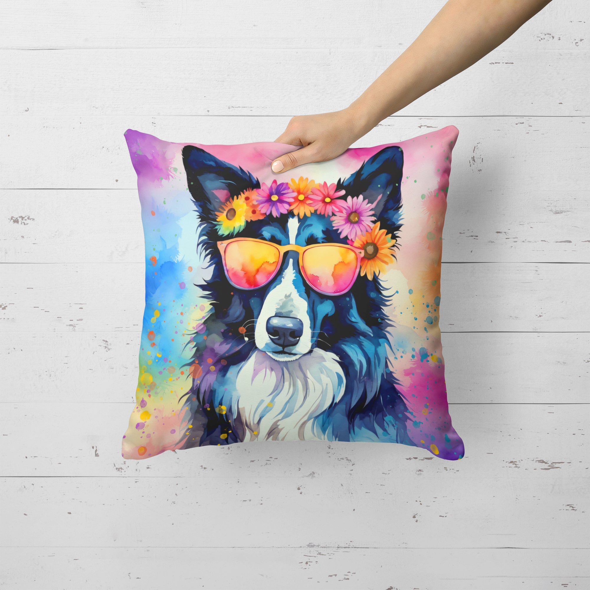 Border Collie Hippie Dawg Decorative Throw Pillow 18x18 Indoor Outdoor Accent Cushion, Fabric Cover with Insert for Sofa, Bed, Porch & Living Room