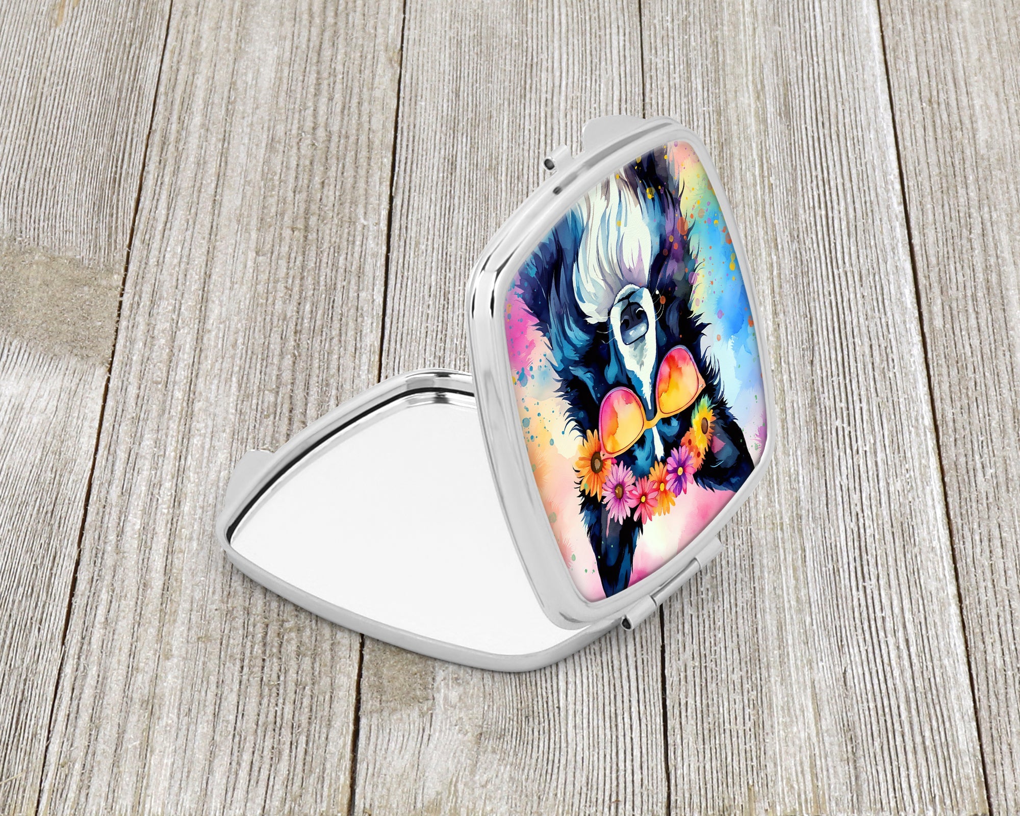 Border Collie Hippie Dawg Compact Mirror Decorative Travel Makeup Mirror for Women Girls Gifts Pocket Makeup Mirror Folding Handheld