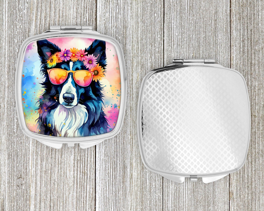 Border Collie Hippie Dawg Compact Mirror Decorative Travel Makeup Mirror for Women Girls Gifts Pocket Makeup Mirror Folding Handheld