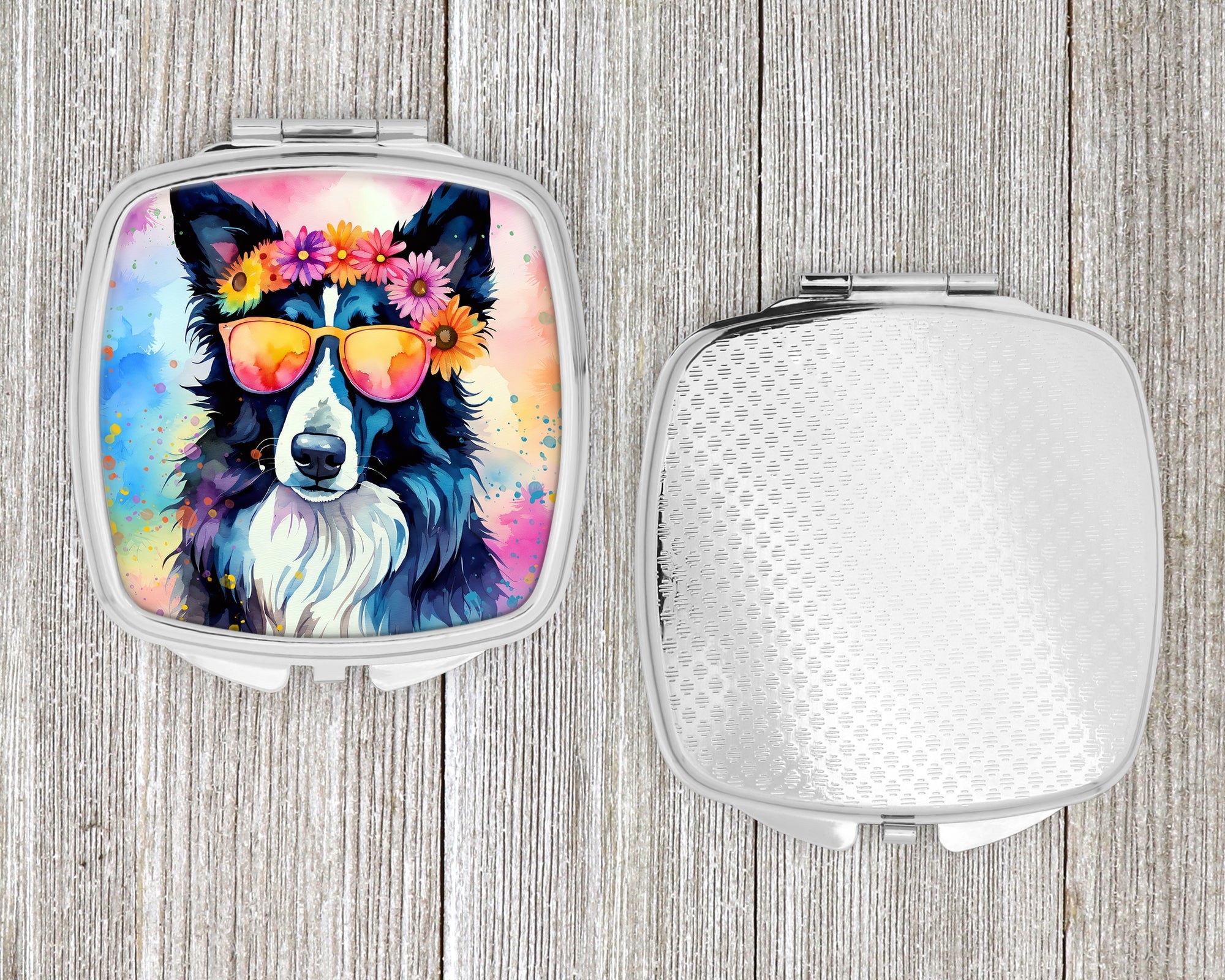 Border Collie Hippie Dawg Compact Mirror Decorative Travel Makeup Mirror for Women Girls Gifts Pocket Makeup Mirror Folding Handheld