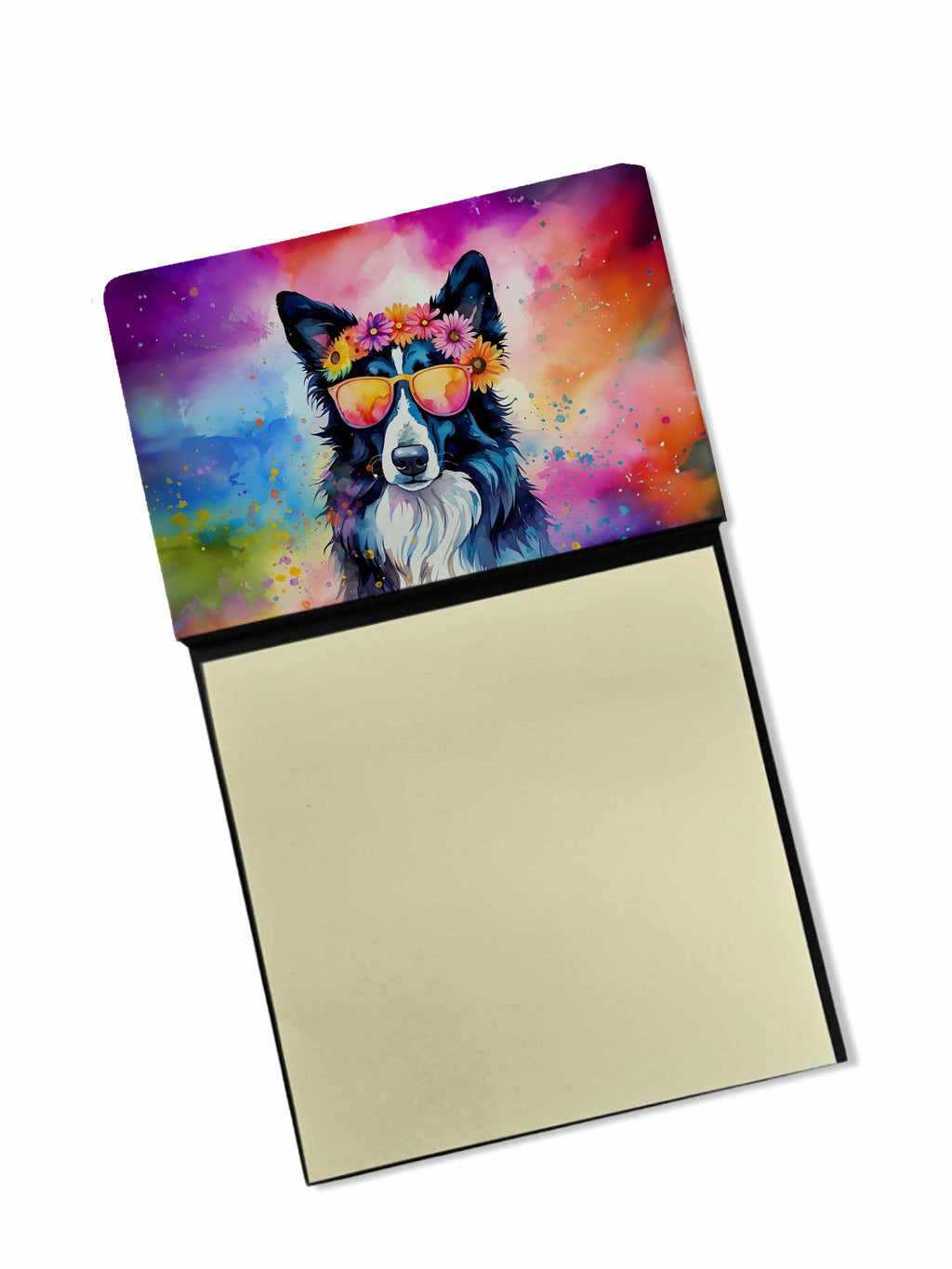 Border Collie Hippie Dawg Watercolor Sticky Note Holder Refillable Dispenser Desk Accessory 3x3 Pad Gift