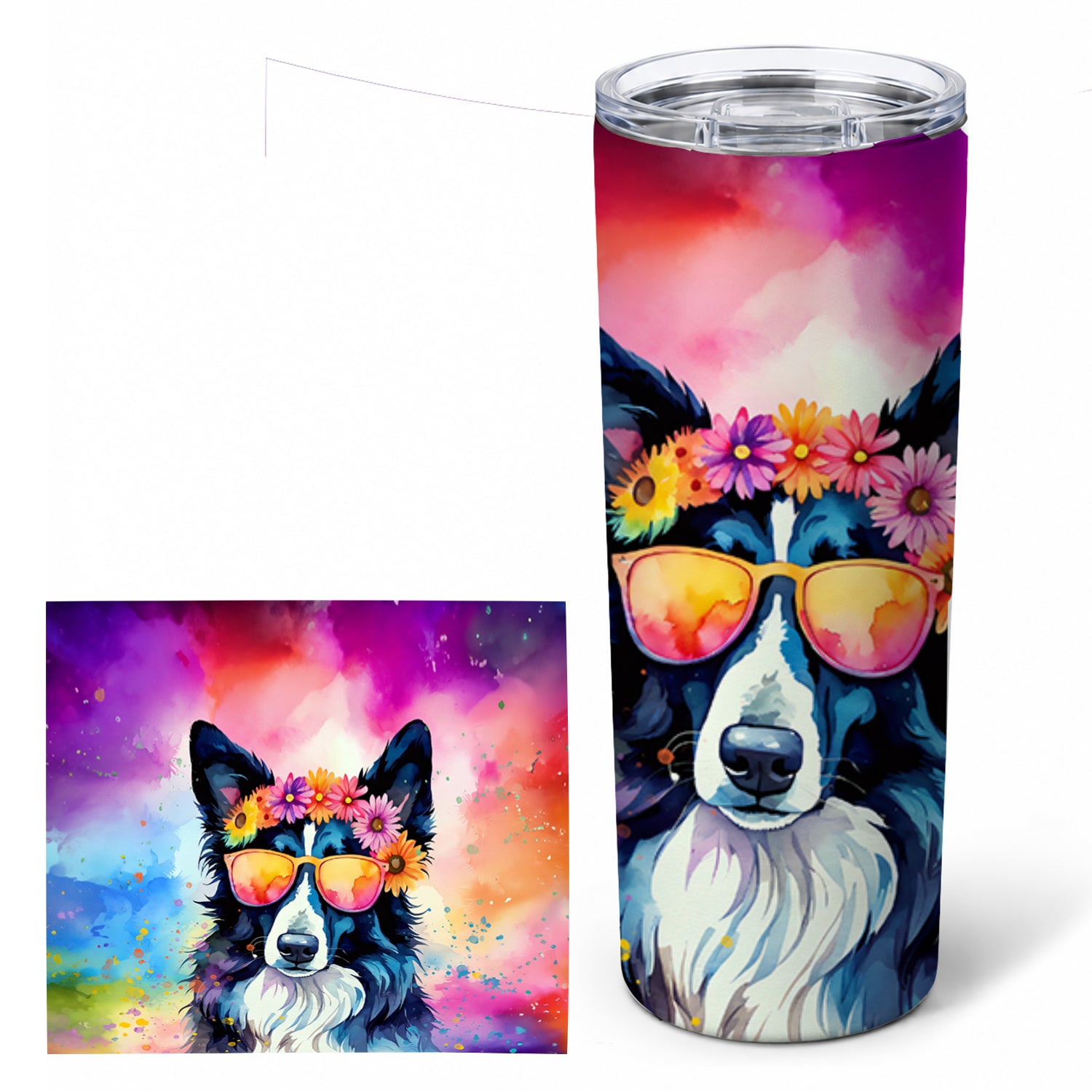 Border Collie Hippie Dawg Stainless Steel Skinny Tumbler 20 oz Vacuum Double Walled Reusable Insulated Travel Cup