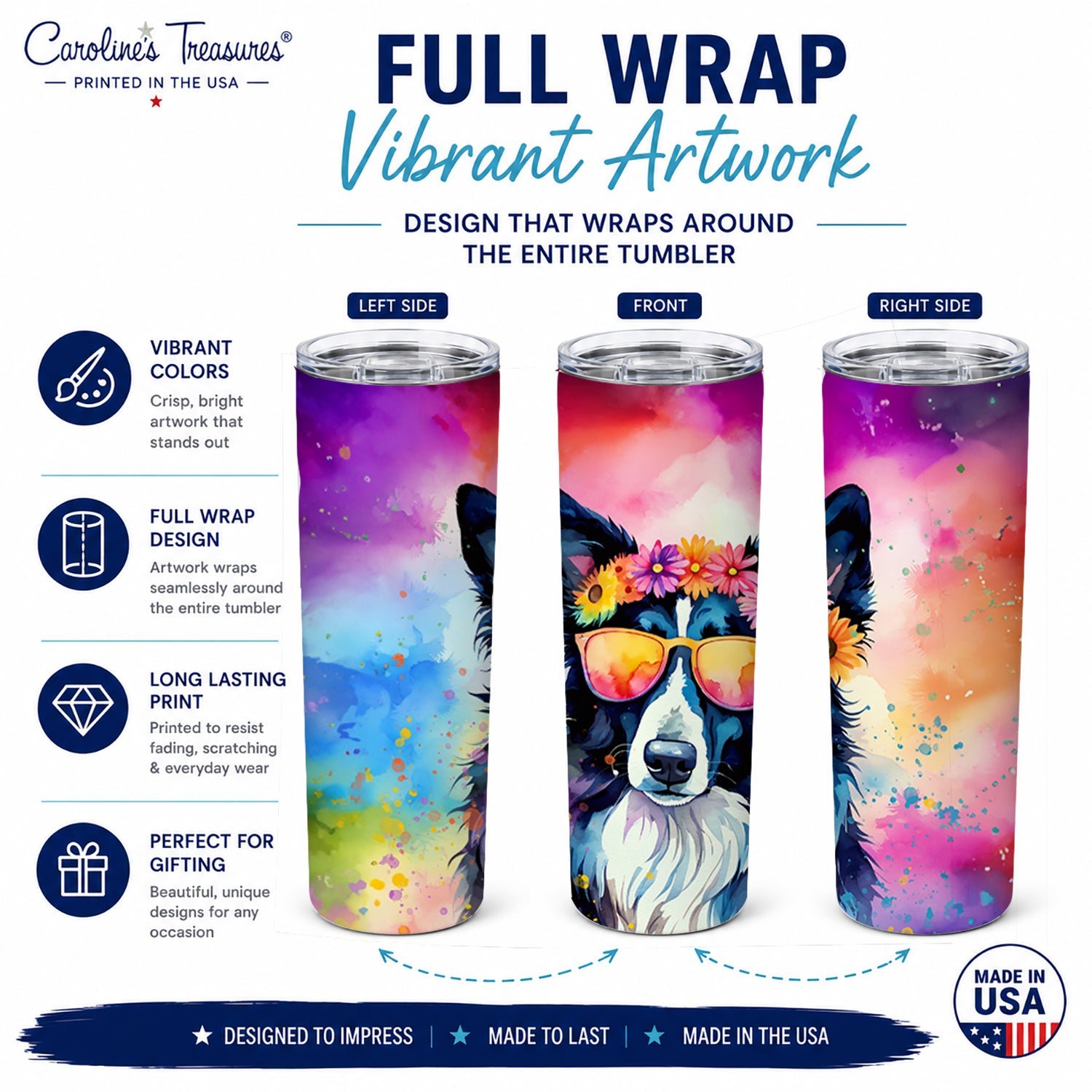 Border Collie Hippie Dawg Stainless Steel Skinny Tumbler 20 oz Vacuum Double Walled Reusable Insulated Travel Cup