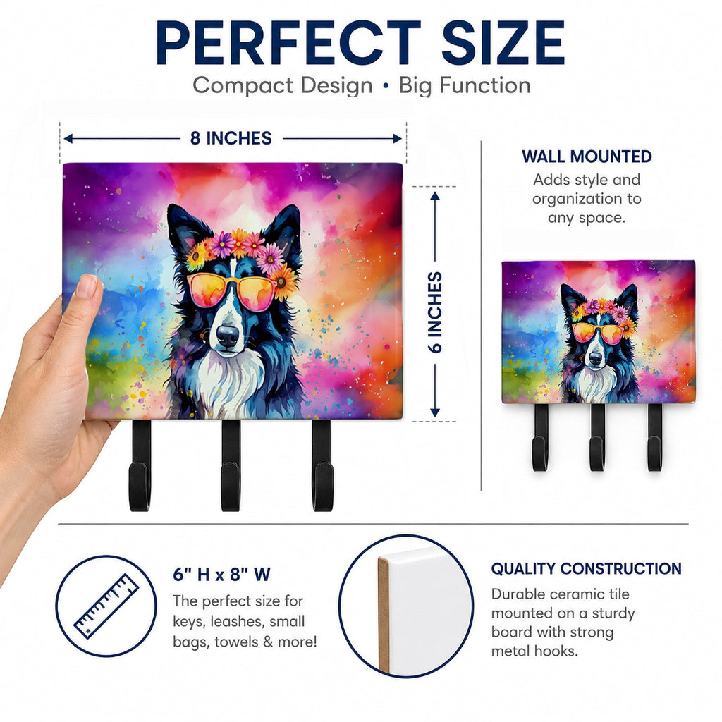 Border Collie Hippie Dawg Leash or Key Holder Wall Hooks, Coat Rack Wall Mount, for Hanging Keys, Towels, Aprons, Leashes