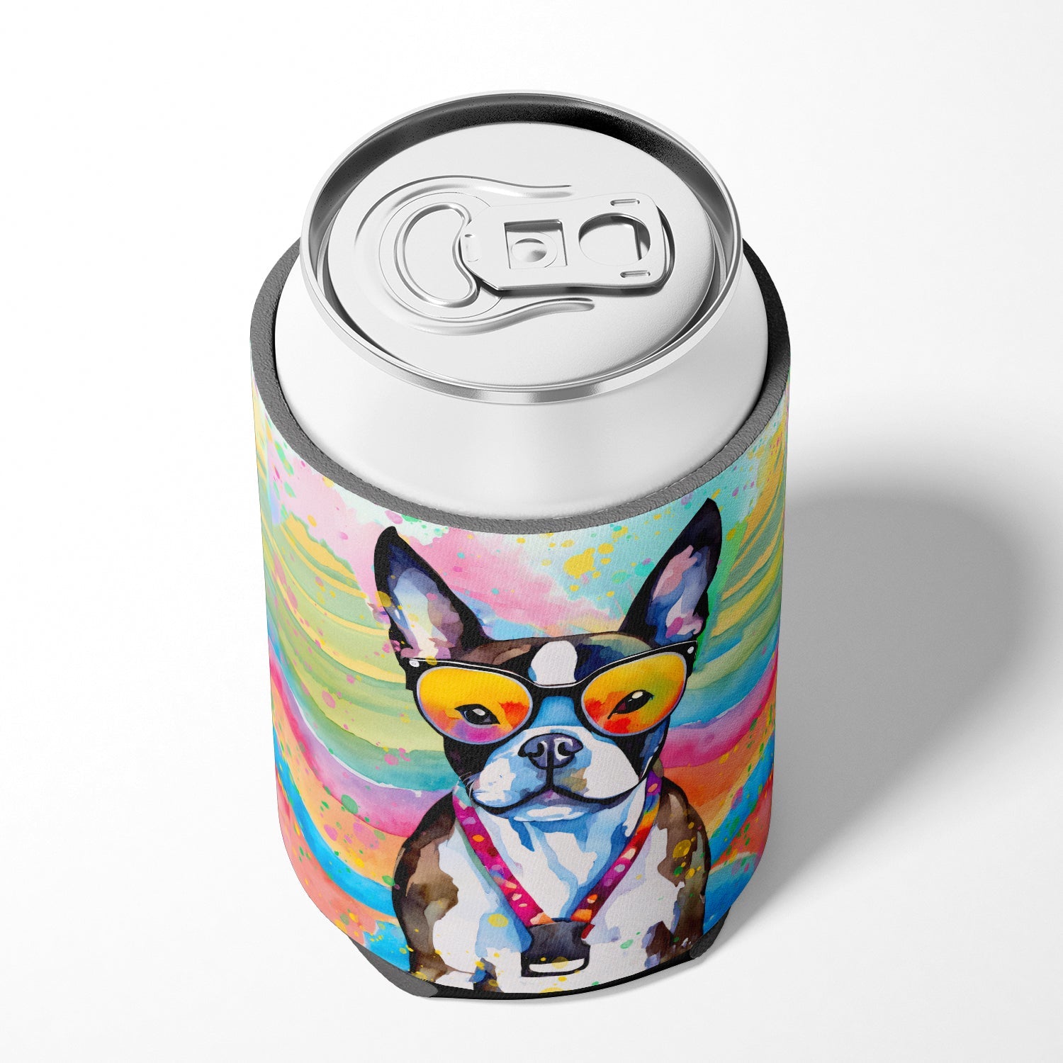 Boston Terrier Hippie Dawg Can or Bottle Hugger Cooler Sleeve for Standard 12 oz Cans, Insulated Foam Beer & Soda Can Hugger Reusable