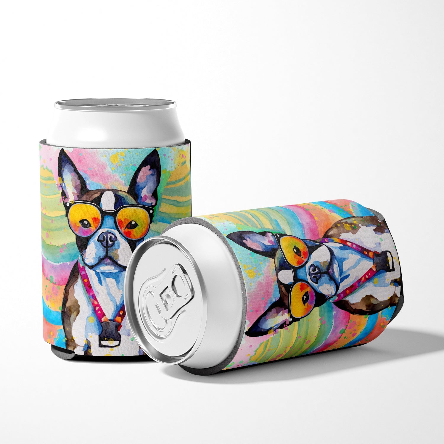 Boston Terrier Hippie Dawg Can or Bottle Hugger Cooler Sleeve for Standard 12 oz Cans, Insulated Foam Beer & Soda Can Hugger Reusable
