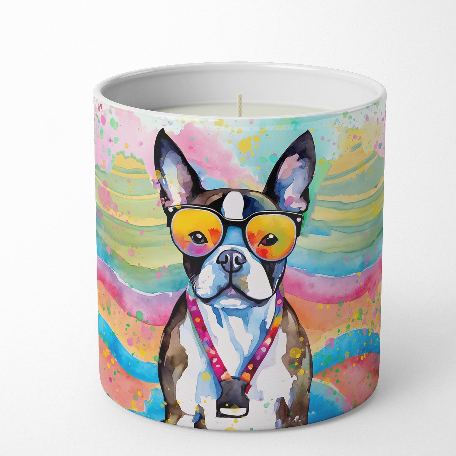 Boston Terrier Hippie Dawg Decorative Soy Candle Nature Soy Wax Essential Oil Home Decor Ideal for Bedroom Kitchen Bath Office Gift, 10 oz