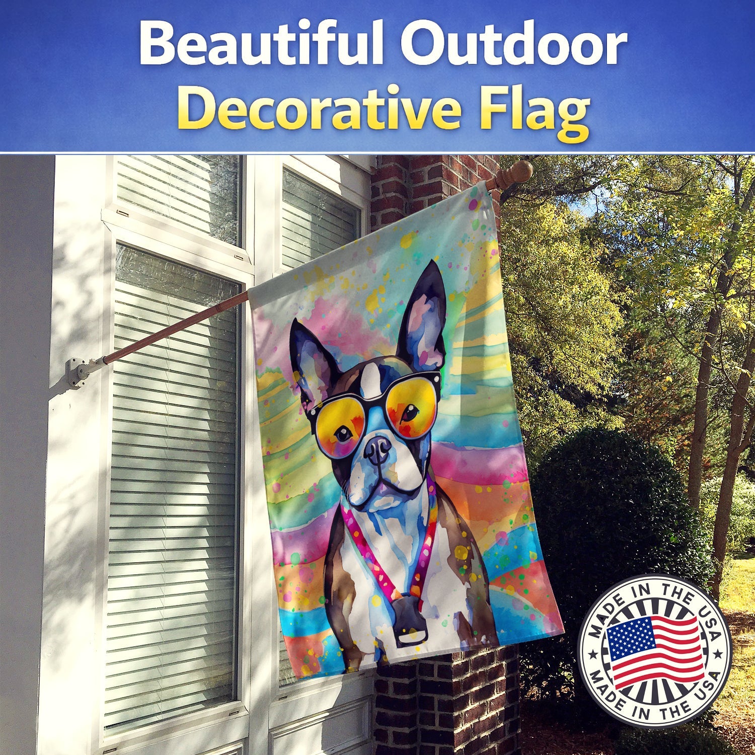 Boston Terrier Hippie Dawg House Flag 28x40 Porch Sleeve Pole Decorative Outside Yard Banner Artwork Wall Hanging, Polyester