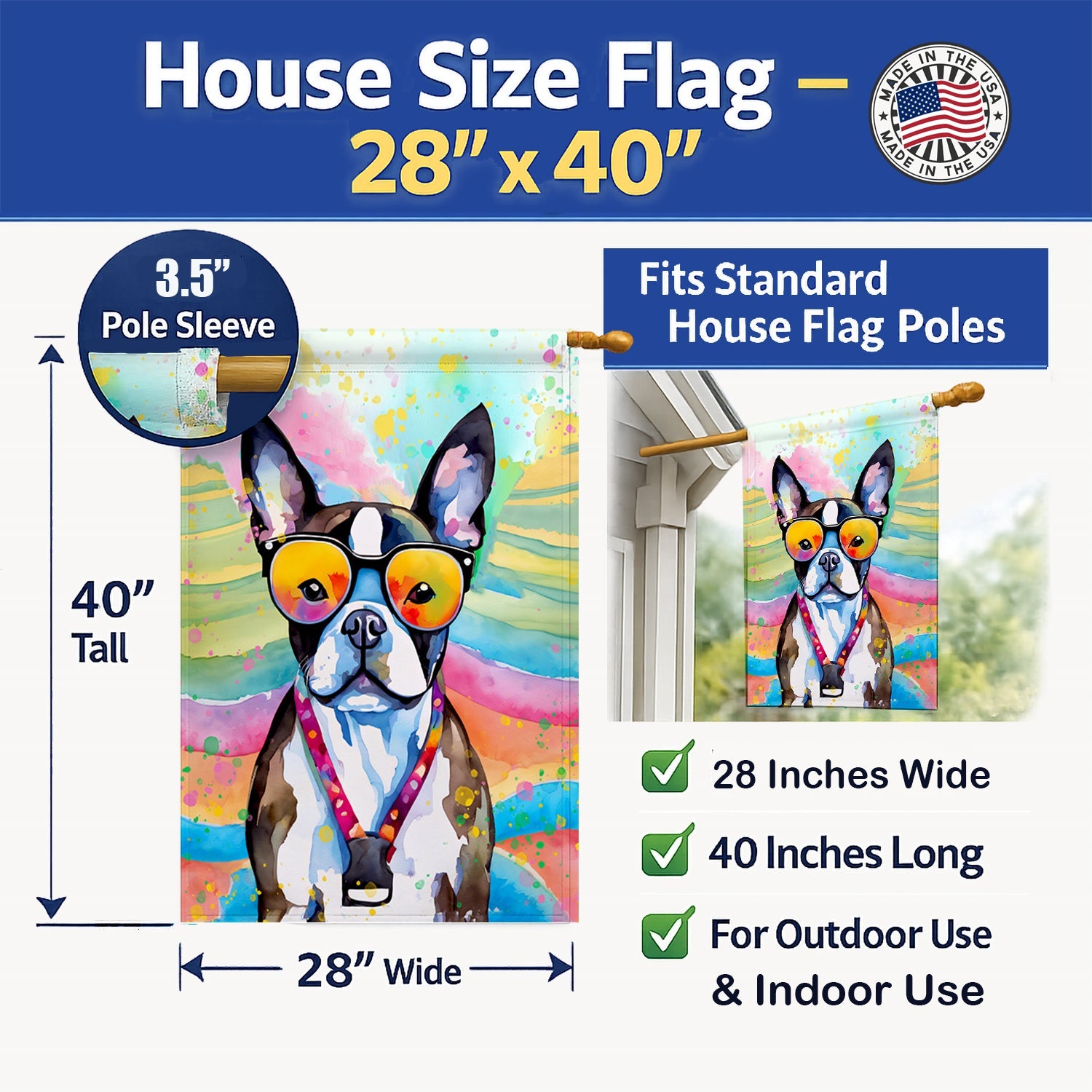 Boston Terrier Hippie Dawg House Flag 28x40 Porch Sleeve Pole Decorative Outside Yard Banner Artwork Wall Hanging, Polyester