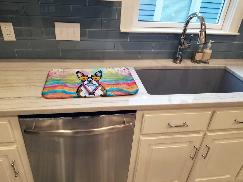 Boston Terrier Hippie Dawg Dish Drying Mat Absorbent Dish Drying Mat Pad for Kitchen Counter Dish Drainer Mat for Countertop, 14 x 21", Multicolor