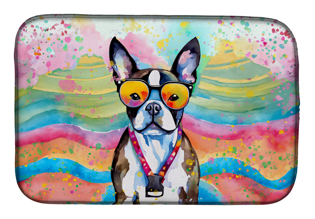 Boston Terrier Hippie Dawg Dish Drying Mat Absorbent Dish Drying Mat Pad for Kitchen Counter Dish Drainer Mat for Countertop, 14 x 21", Multicolor