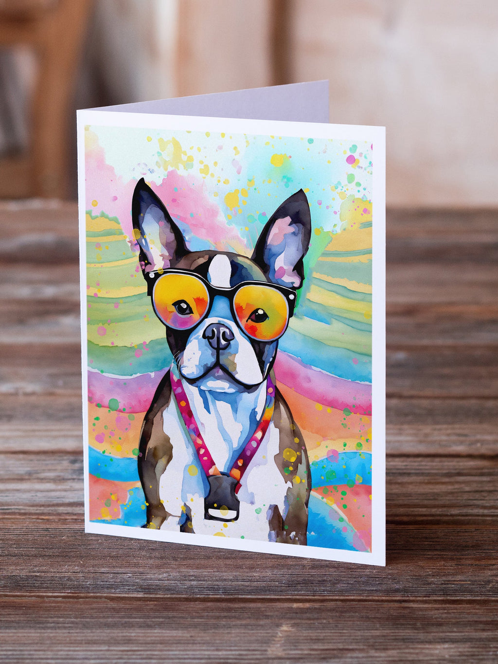 Boston Terrier Hippie Dawg Greeting Cards Pack of 8 Blank Cards with Envelopes Whimsical A7 Size 5x7