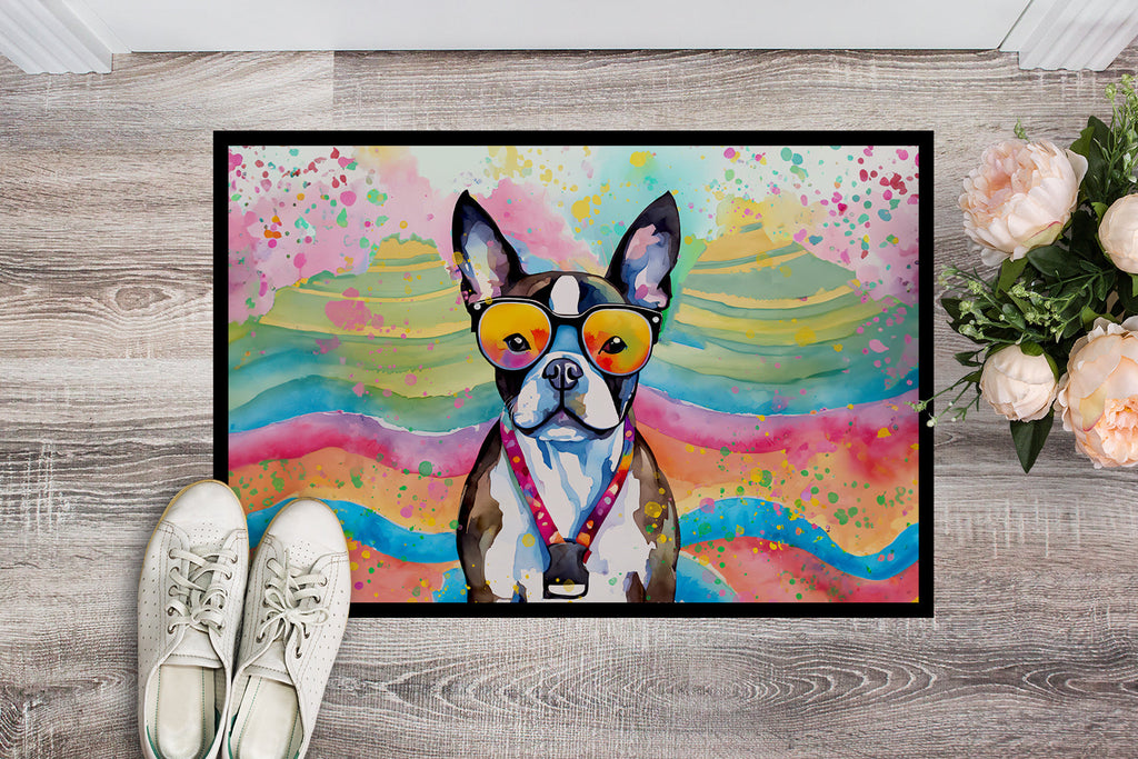 Boston Terrier Hippie Dawg Doormat Indoor Outdoor 24H X 36W Front Door Mat Rugs for Entryway, Non Slip Washable Low Pile,