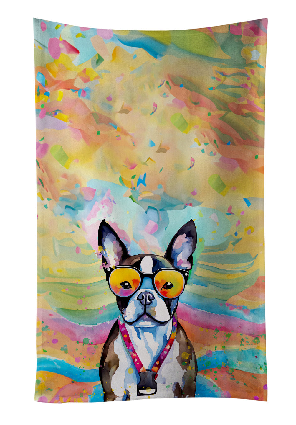 Boston Terrier Hippie Dawg Kitchen Towel Velour Plush Front and Cotton Loop Back Machine Washable