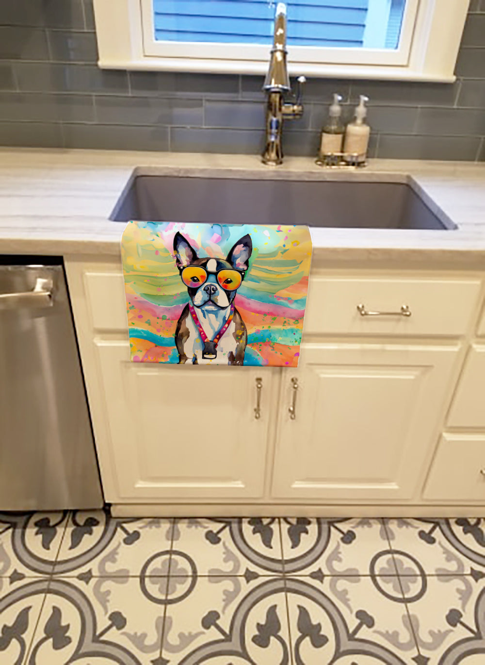 Boston Terrier Hippie Dawg Kitchen Towel Velour Plush Front and Cotton Loop Back Machine Washable