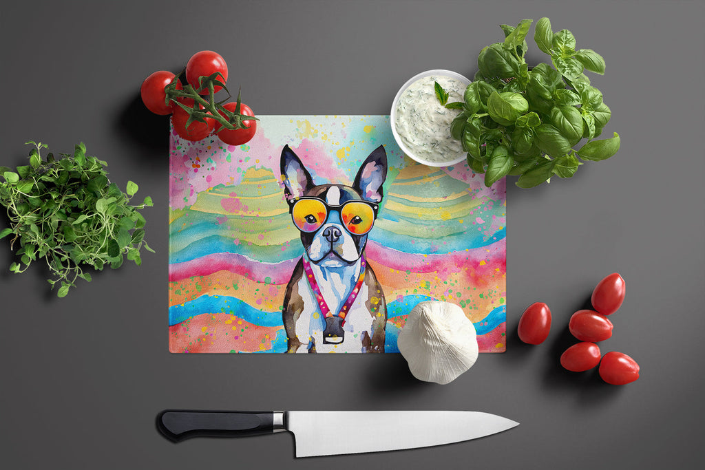 Boston Terrier Hippie Dawg Cutting Board Tempered Glass Kitchen Cutting Surface, Heat Resistant Chopping, Non-Slip Feet, Food Prep & Serving