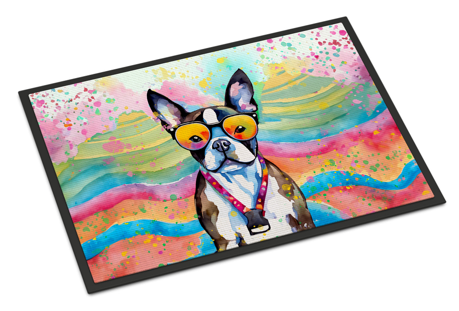 Boston Terrier Hippie Dawg Doormat Indoor Outdoor 18H X 27W Front Door Mat Rugs for Entryway, Non Slip Washable