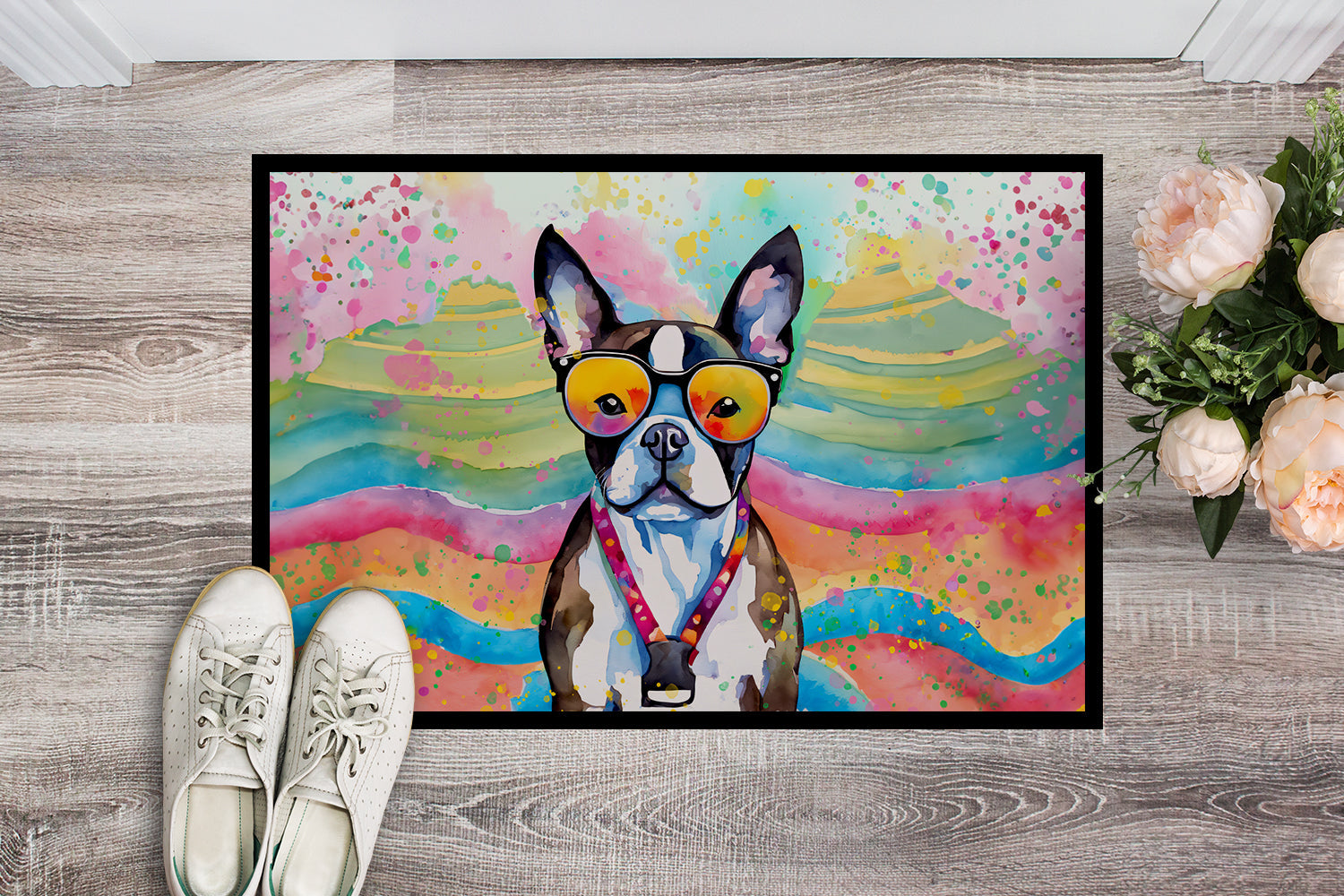 Boston Terrier Hippie Dawg Doormat Indoor Outdoor 18H X 27W Front Door Mat Rugs for Entryway, Non Slip Washable