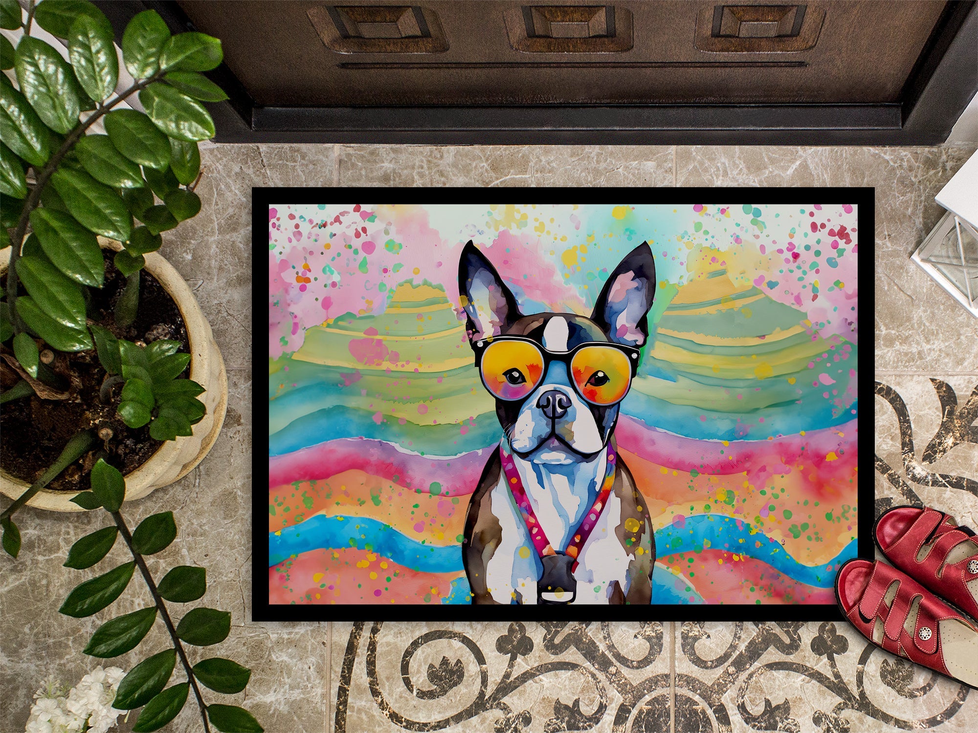Boston Terrier Hippie Dawg Doormat Indoor Outdoor 18H X 27W Front Door Mat Rugs for Entryway, Non Slip Washable