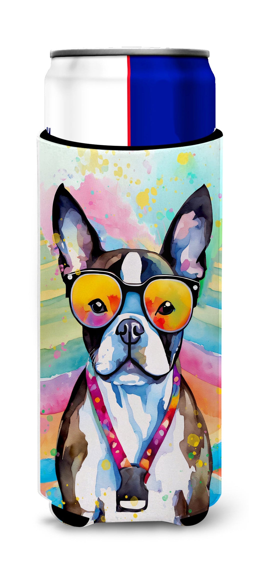 Boston Terrier Hippie Dawg Slim Can Hugger , Insulated Foam Hugger for 12 oz Slim Cans, Beer Bottles & Water Bottles, Printed in USA