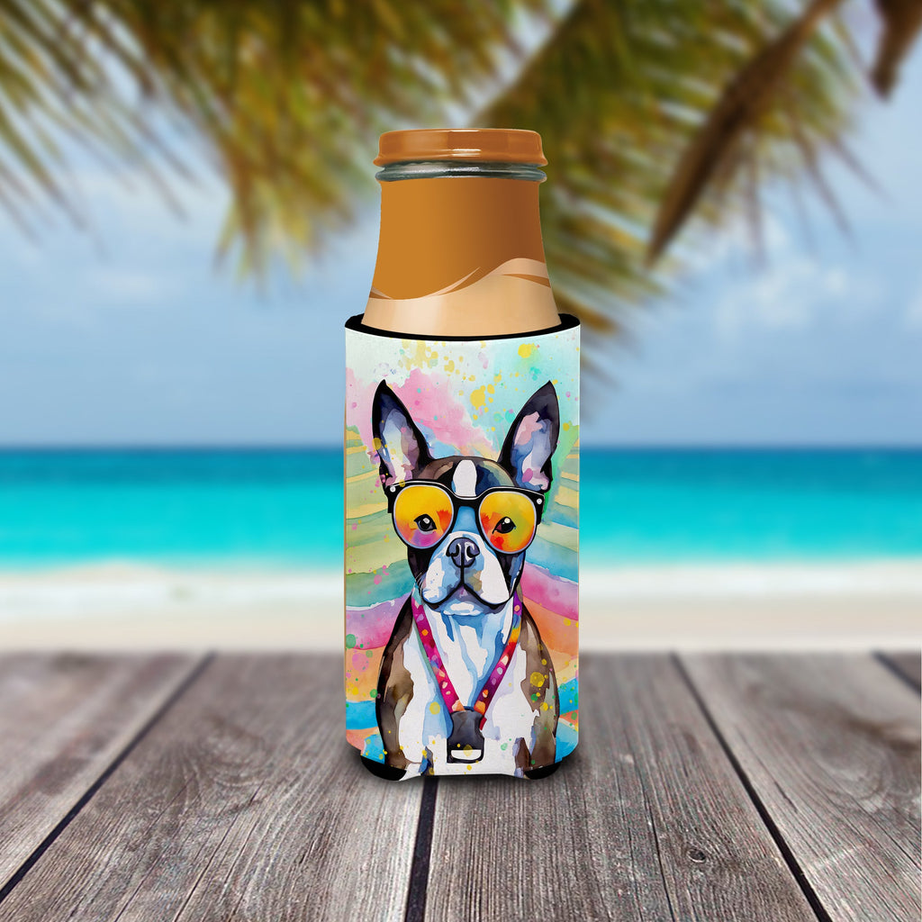 Boston Terrier Hippie Dawg Slim Can Hugger , Insulated Foam Hugger for 12 oz Slim Cans, Beer Bottles & Water Bottles, Printed in USA