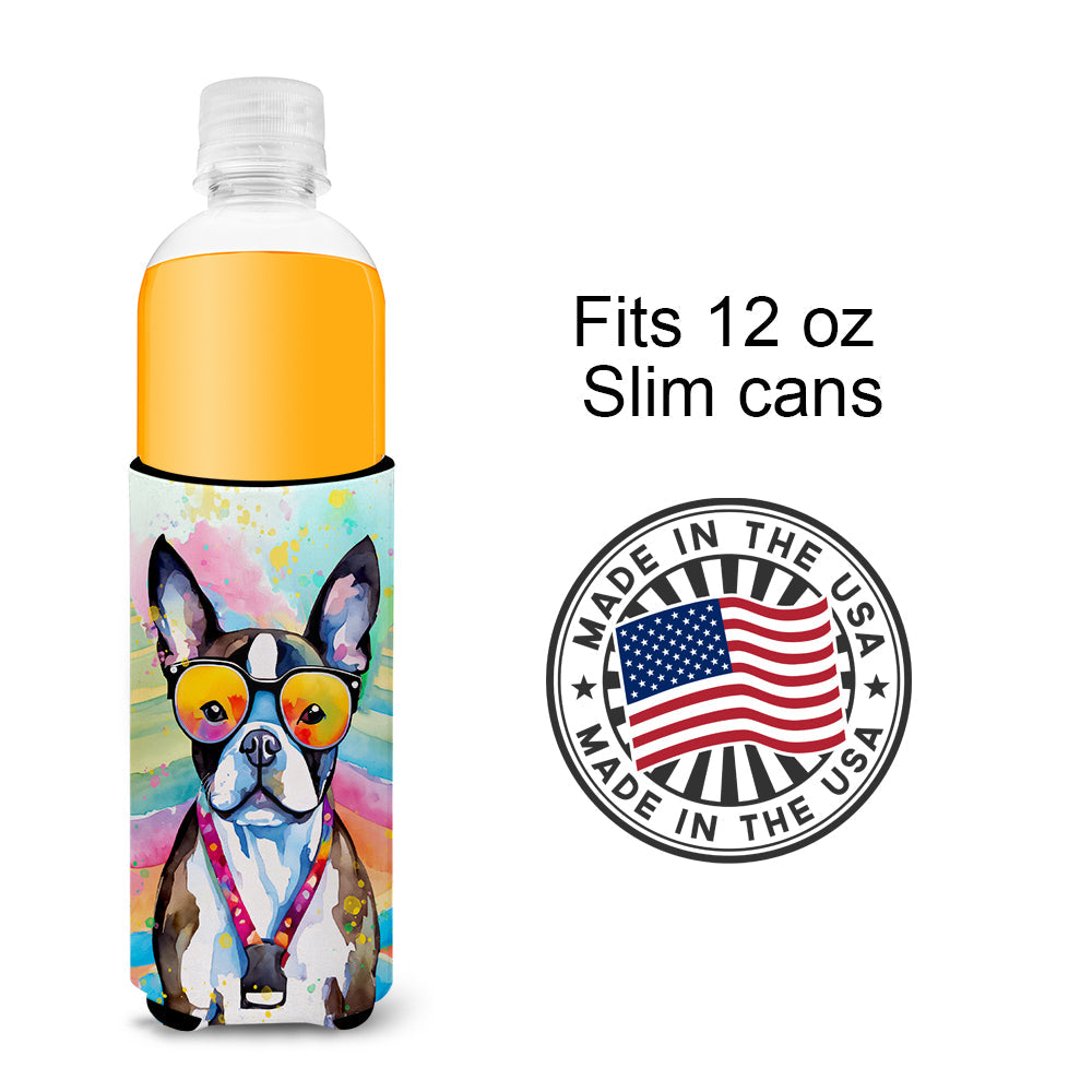 Boston Terrier Hippie Dawg Slim Can Hugger , Insulated Foam Hugger for 12 oz Slim Cans, Beer Bottles & Water Bottles, Printed in USA