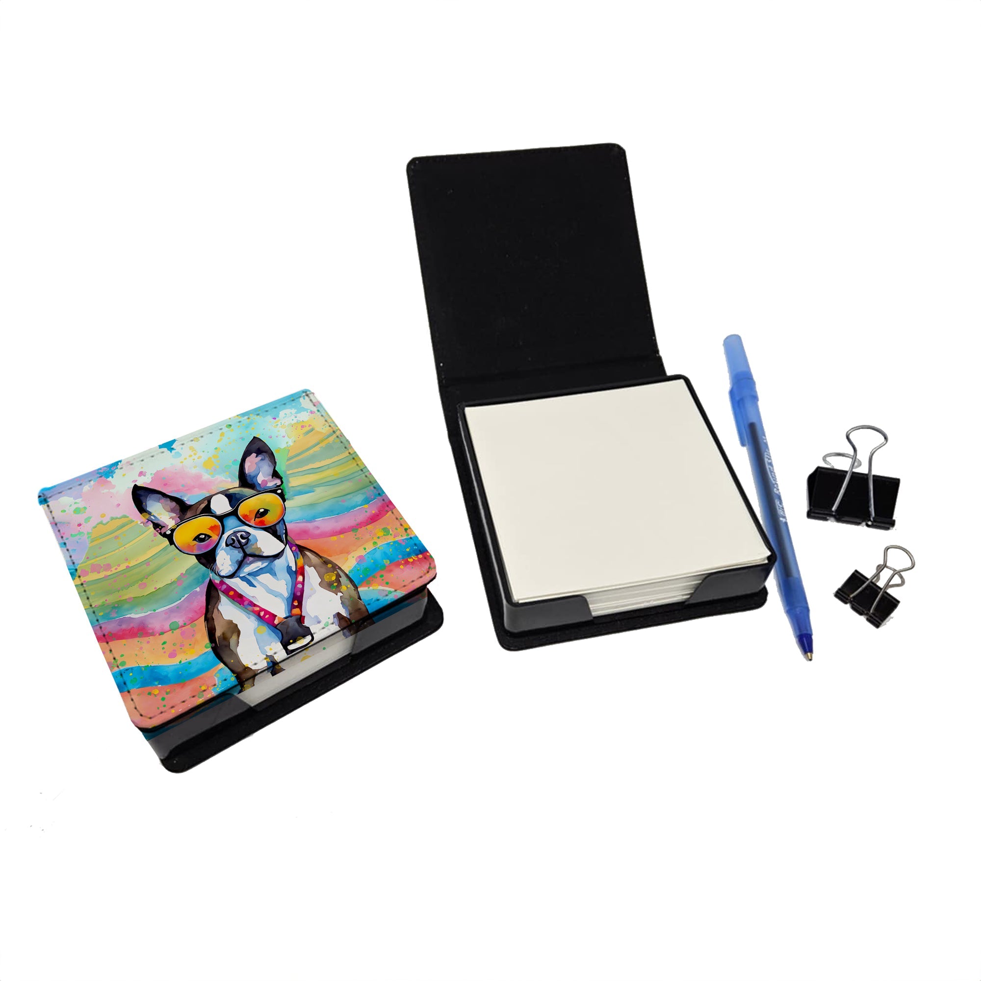 Boston Terrier Hippie Dawg PU Leather Note Paper Holder with Artist-Designed Cover, Desk Accessory, Office Gift