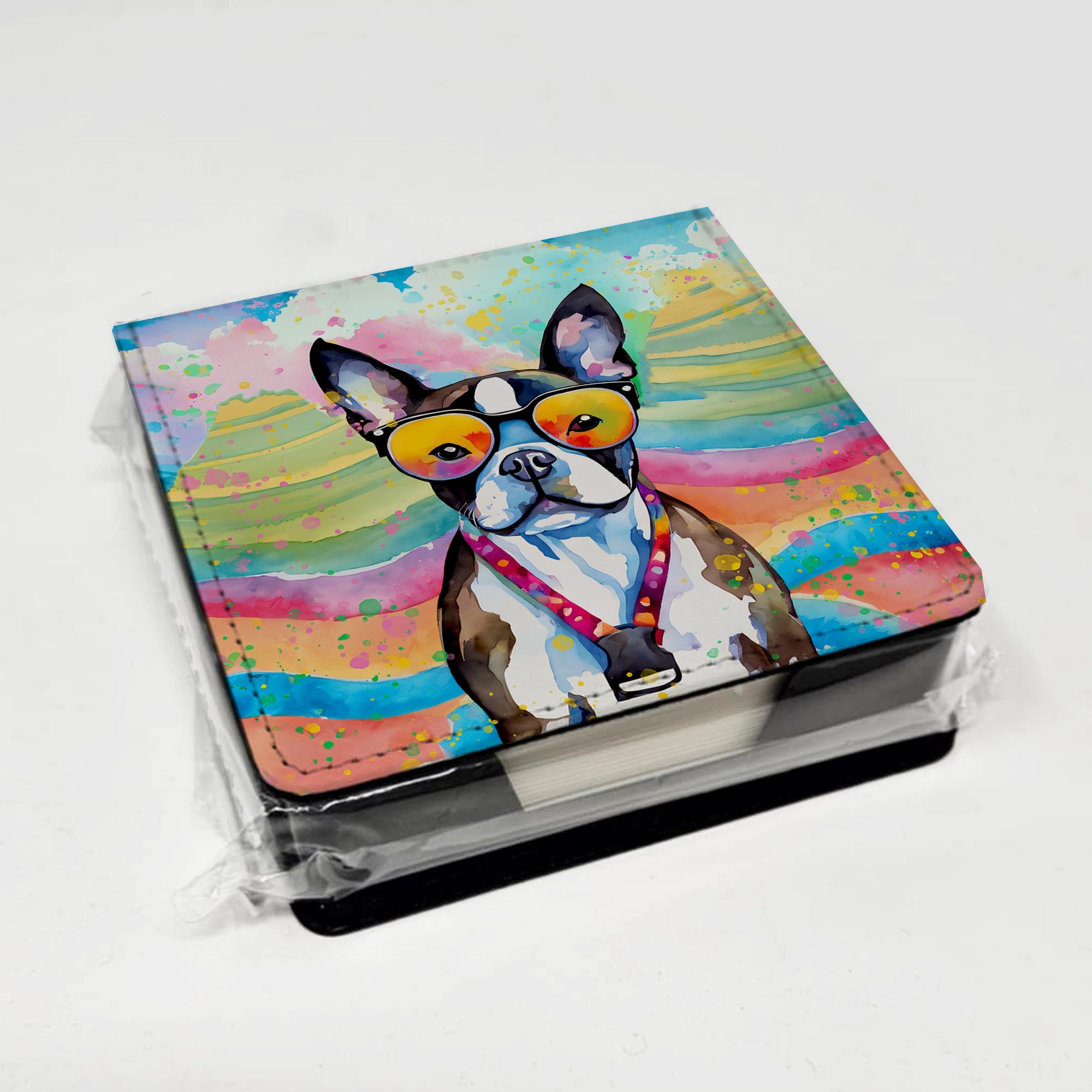 Boston Terrier Hippie Dawg PU Leather Note Paper Holder with Artist-Designed Cover, Desk Accessory, Office Gift