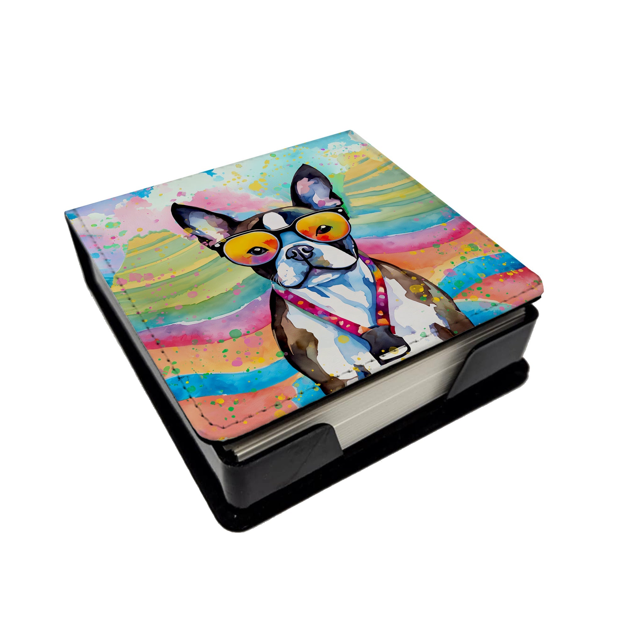 Boston Terrier Hippie Dawg PU Leather Note Paper Holder with Artist-Designed Cover, Desk Accessory, Office Gift