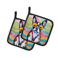 Boston Terrier Hippie Dawg Pot Holder Set of 2 Heat Resistant Quilted Hot Pads 7.5 x 7.5 Inch, Insulated Kitchen Trivets for Cooking & Baking