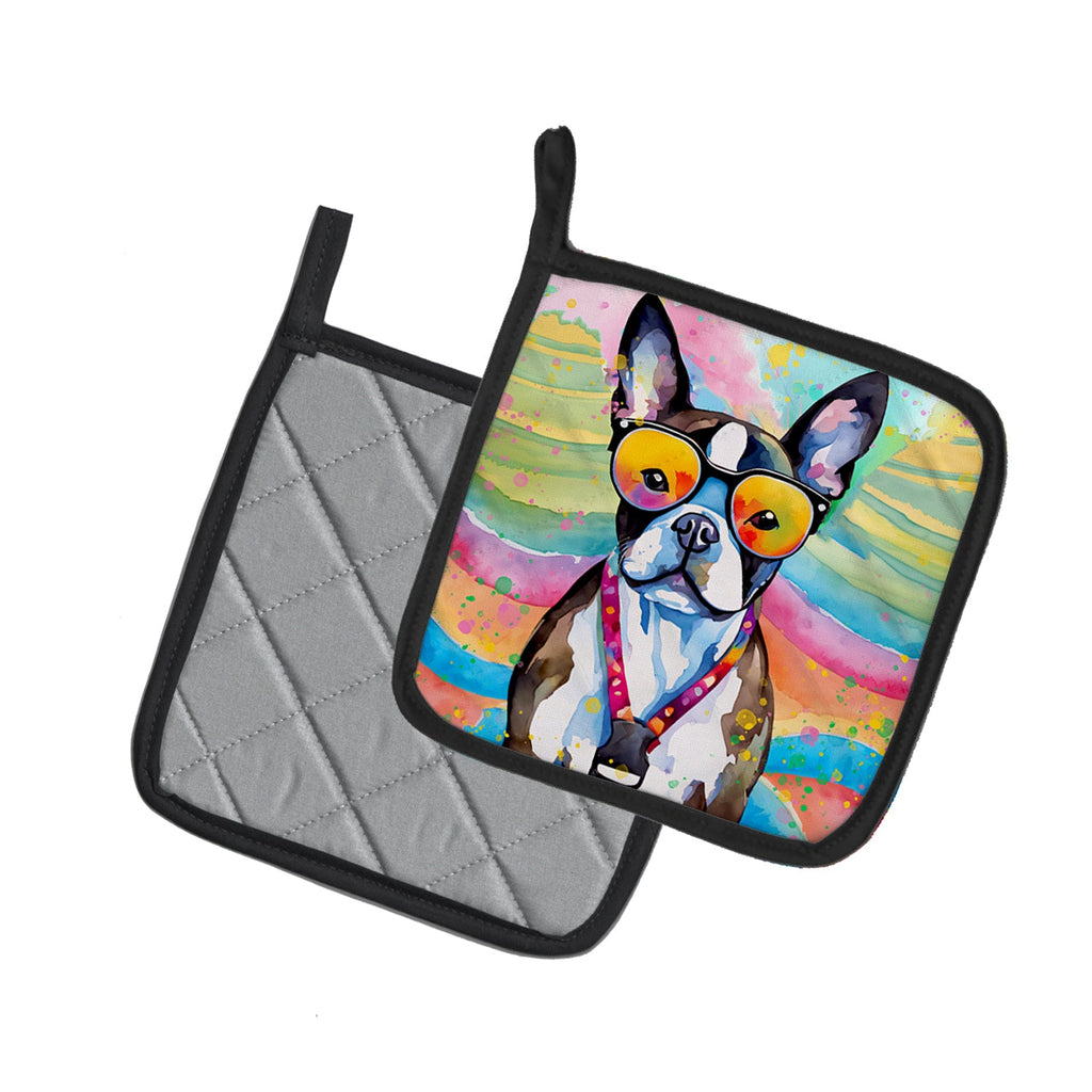 Boston Terrier Hippie Dawg Pot Holder Set of 2 Heat Resistant Quilted Hot Pads 7.5 x 7.5 Inch, Insulated Kitchen Trivets for Cooking & Baking