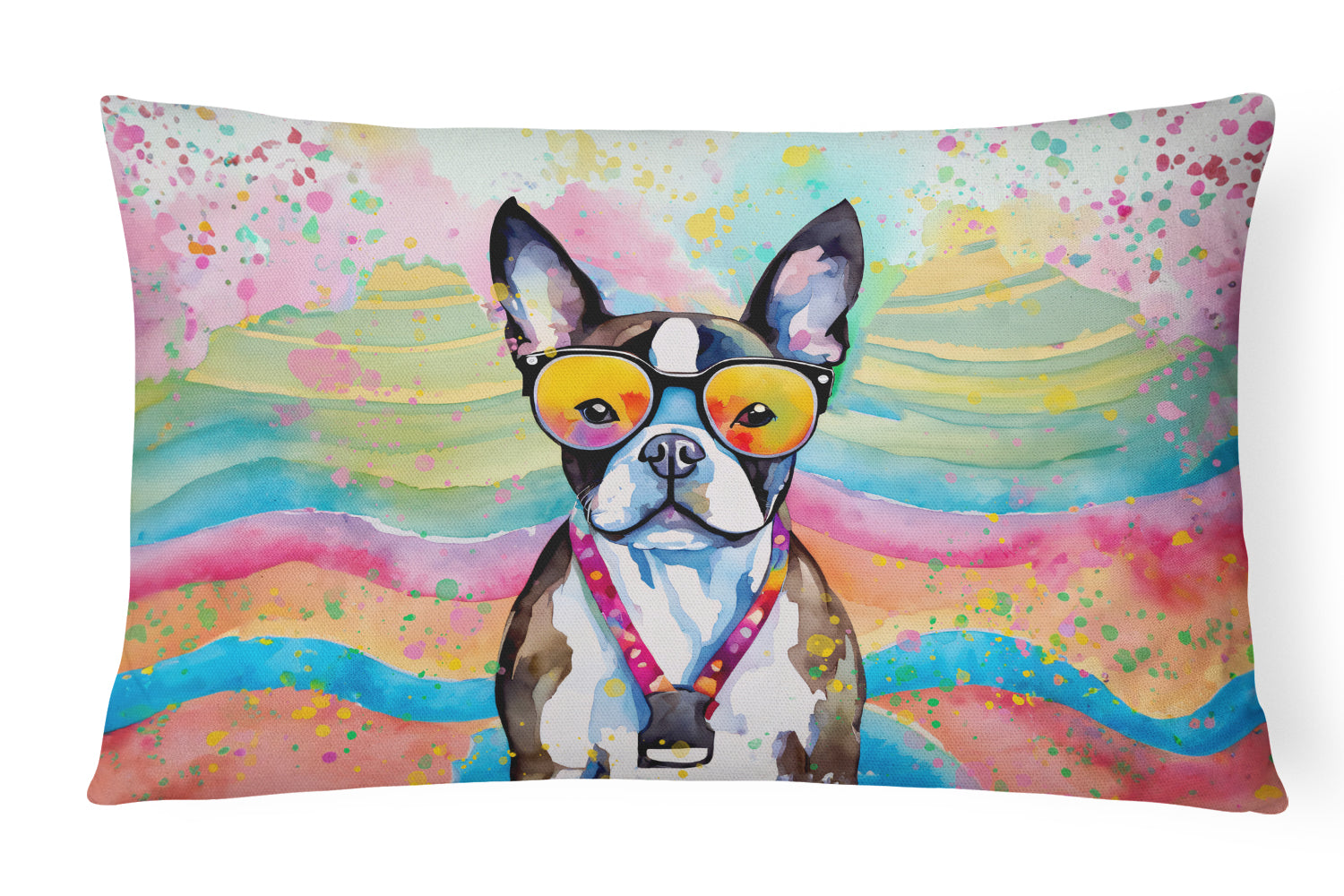 Boston Terrier Hippie Dawg Decorative Throw Pillow 12x16 Indoor Outdoor Accent Cushion, Fabric Cover with Insert for Sofa, Bed, Porch & Living Room