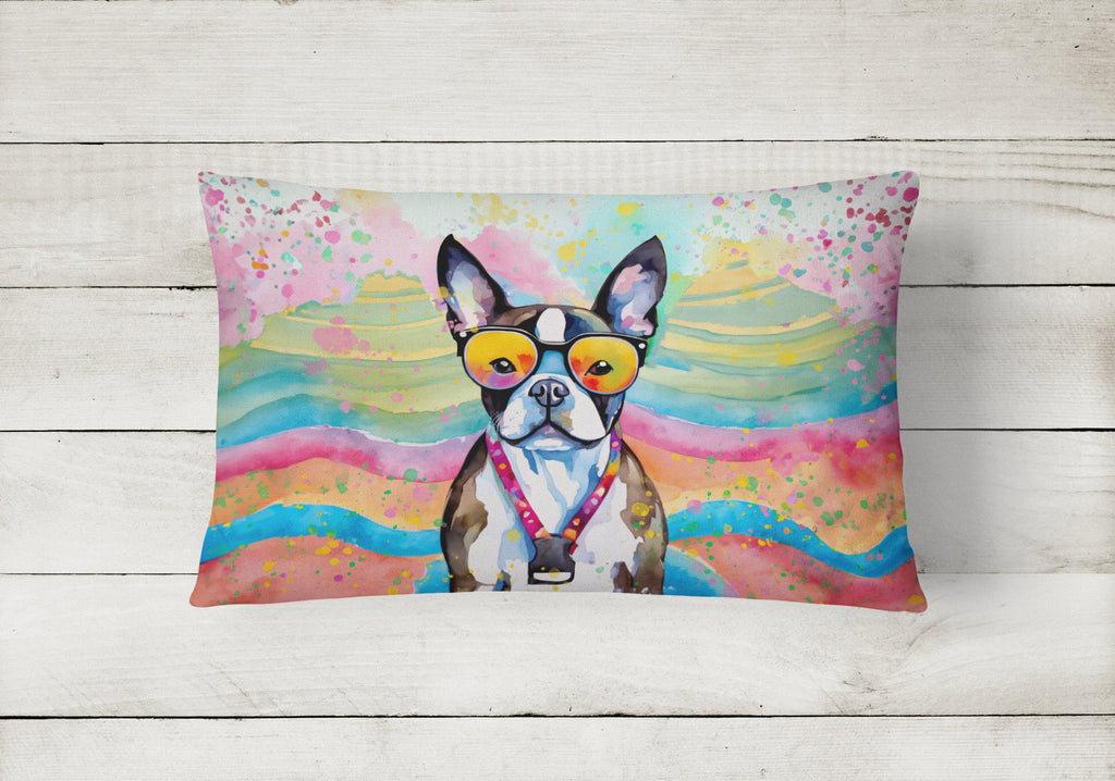 Boston Terrier Hippie Dawg Decorative Throw Pillow 12x16 Indoor Outdoor Accent Cushion, Fabric Cover with Insert for Sofa, Bed, Porch & Living Room