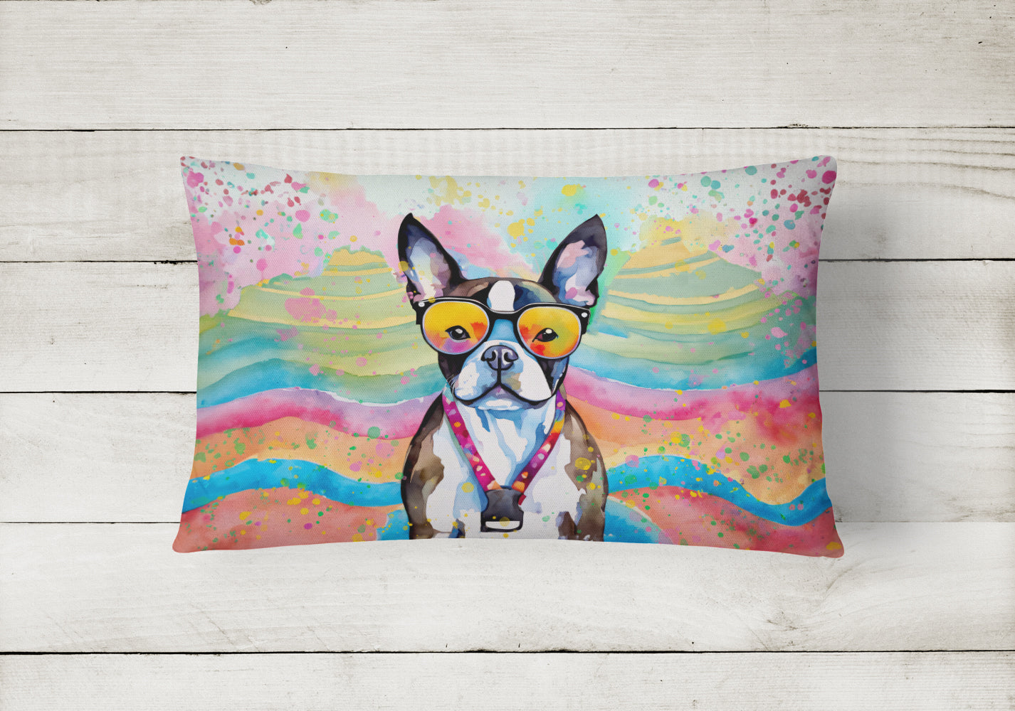 Boston Terrier Hippie Dawg Decorative Throw Pillow 12x16 Indoor Outdoor Accent Cushion, Fabric Cover with Insert for Sofa, Bed, Porch & Living Room