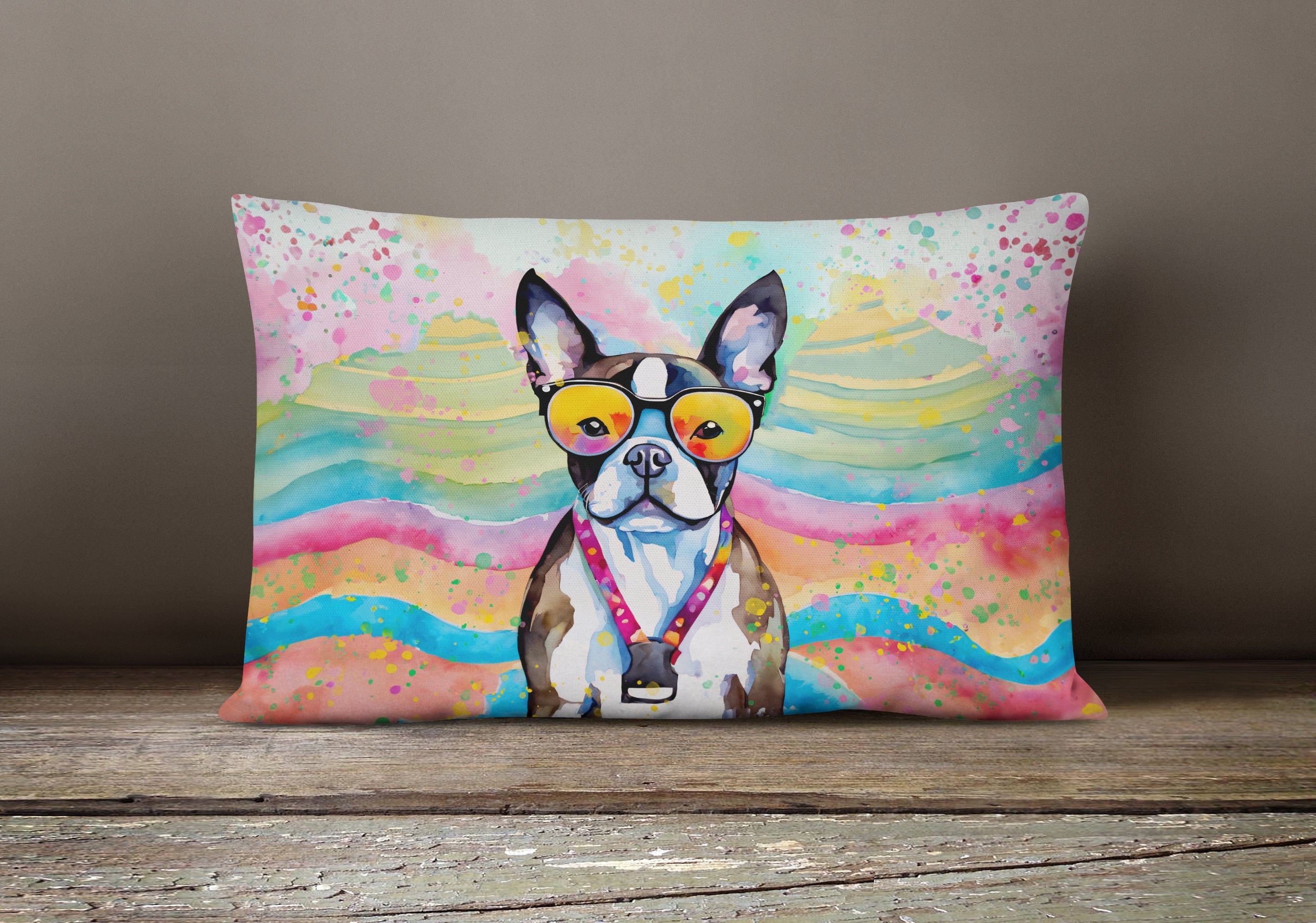 Boston Terrier Hippie Dawg Decorative Throw Pillow 12x16 Indoor Outdoor Accent Cushion, Fabric Cover with Insert for Sofa, Bed, Porch & Living Room
