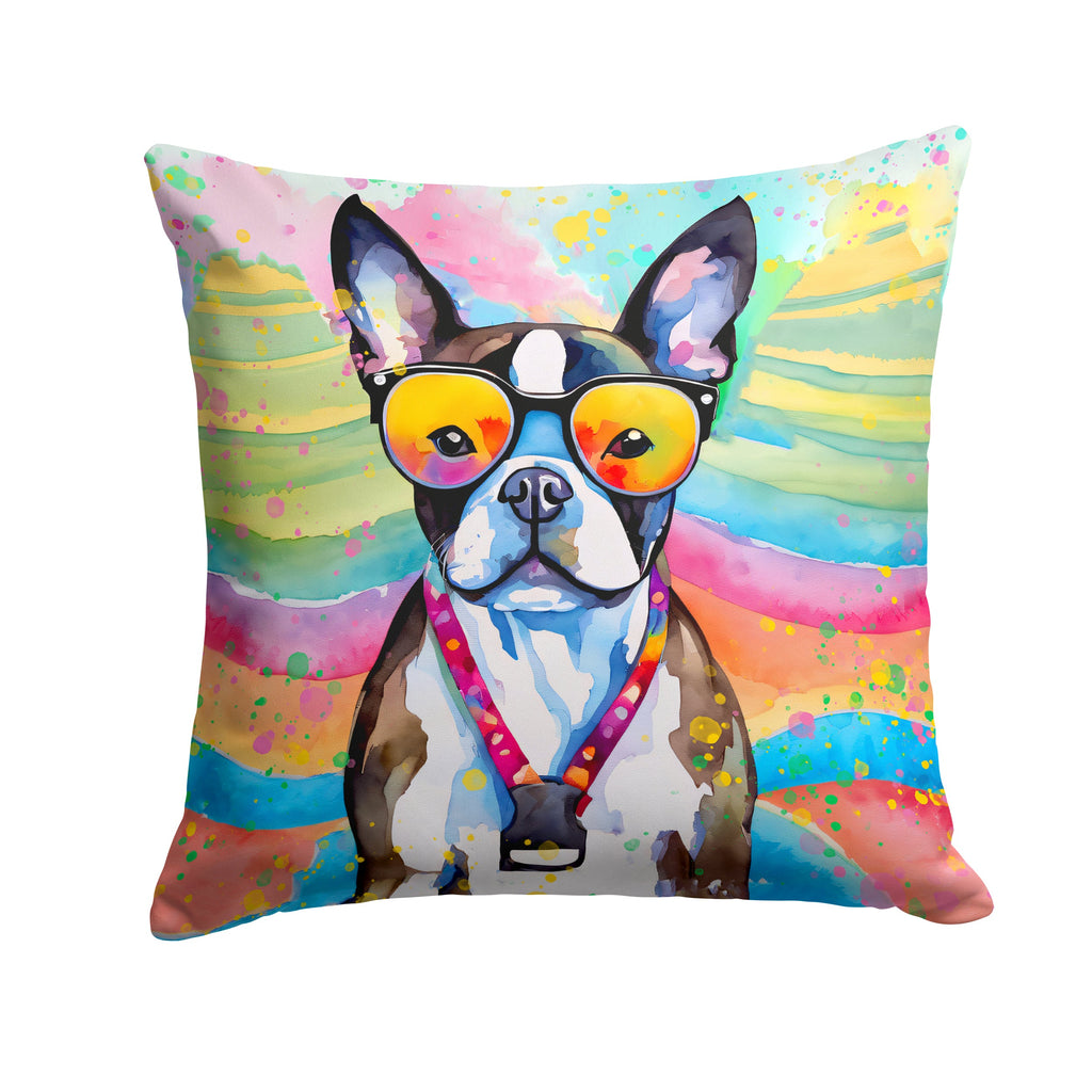 Boston Terrier Hippie Dawg Decorative Throw Pillow 14x14 Indoor Outdoor Accent Cushion, Fabric Cover with Insert for Sofa, Bed, Porch & Living Room