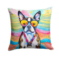 Boston Terrier Hippie Dawg Decorative Throw Pillow 14x14 Indoor Outdoor Accent Cushion, Fabric Cover with Insert for Sofa, Bed, Porch & Living Room